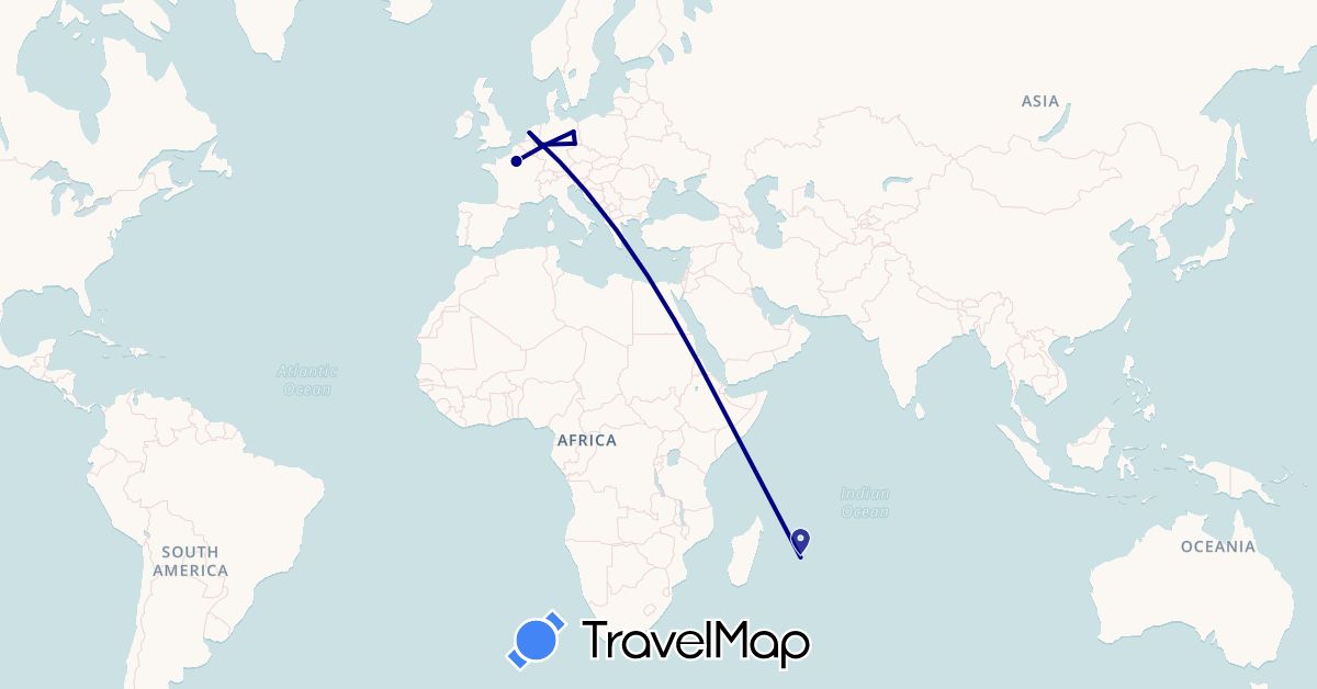 TravelMap itinerary: driving in Germany, France, Mauritius, Netherlands (Africa, Europe)